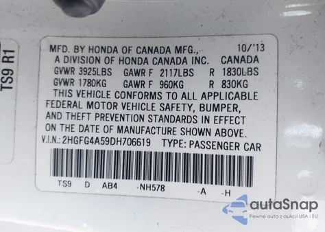 2013 Honda Civic Si from USA, damaged, VIN 2HGFG4A59DH706619